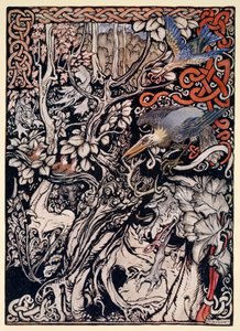 „Divoká, plachá a monstrózní stvoření se pohybovala v jejích pláních a lesích“, ilustrace z „Irských pohádek“ od Jamese Stephense, 1920